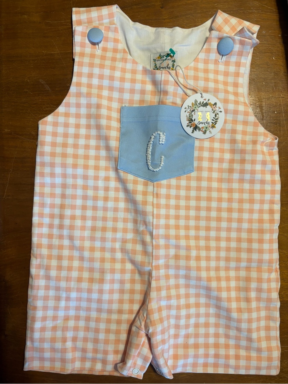 Kids Peach Gingham Matching Set with Blue Pocket